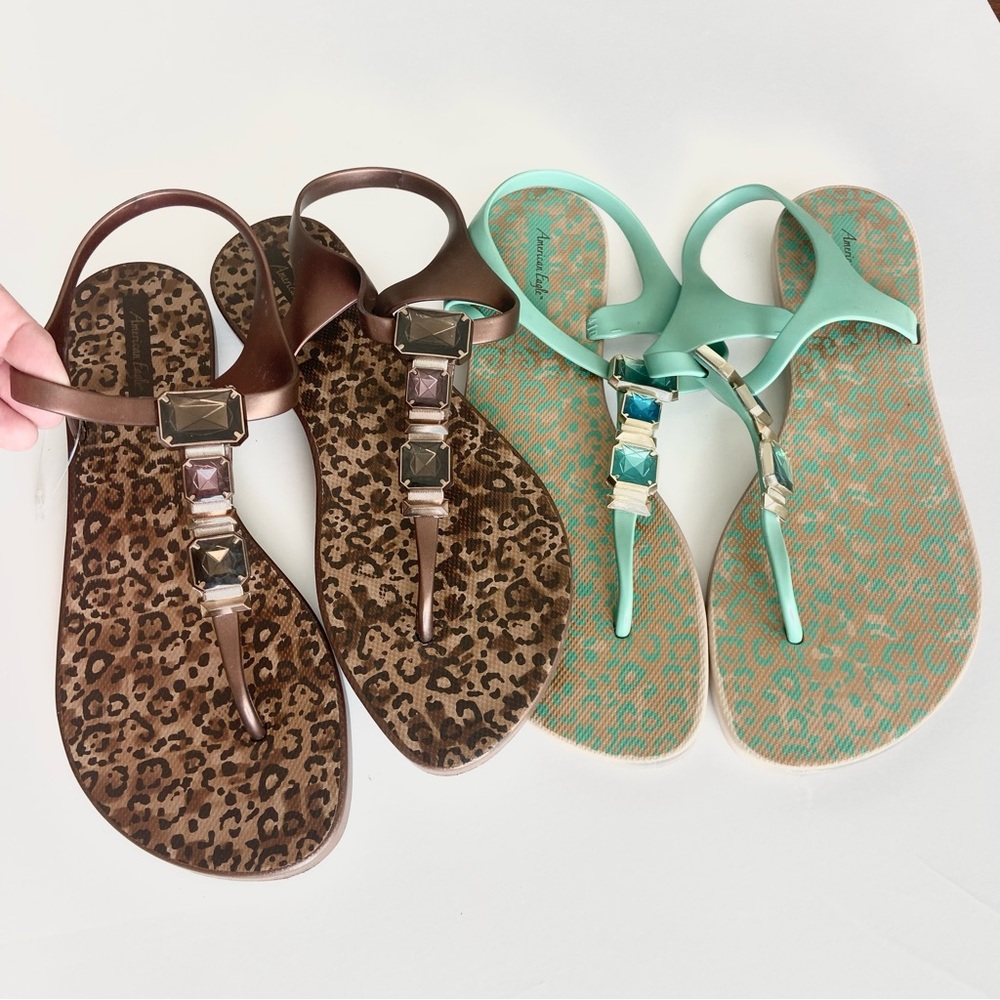 American‎ Eagle 2 Pairs of Jelly Sandals Brown and Green Rhinestone 10